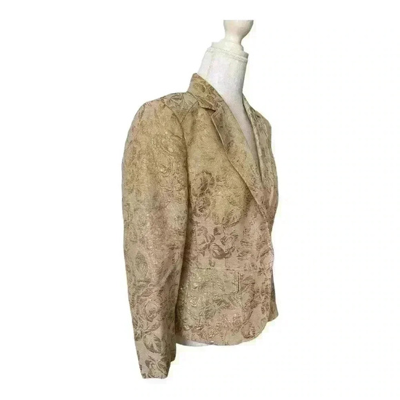 Anne Klein Holiday Blazer Tan with Metallic Gold Embroidery Floral Jacket Size 8 - Picture 3 of 10